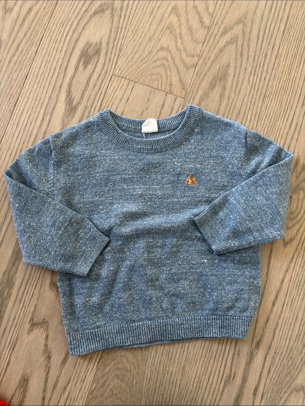 GAP Dusty Blue Heather Knit Sweater with Bear Patch
